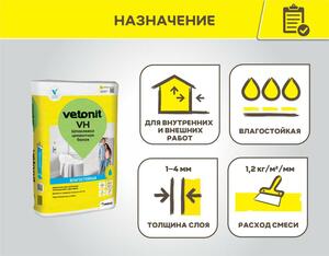 VETONIT VH Шпаклевка влагостойкая цементная белая, 20 кг